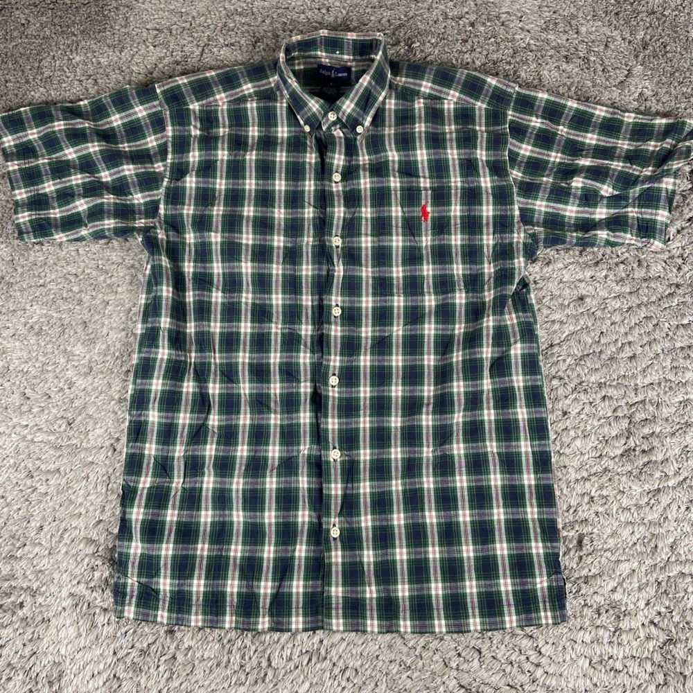 Ralph Lauren Shirt Kids Large Green Plaid Short Sleeve Button Down Preppy Pony